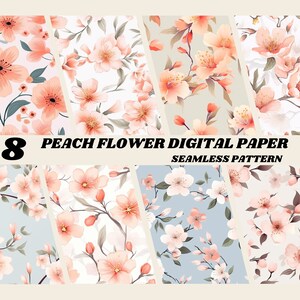 Clipart papier numérique, papier peint imprimable, impressions de fleurs de pêcher, galerie numérique de fleurs de pêcher, décoration de chambre d'enfant, fabrication de cartes, scrapbooking