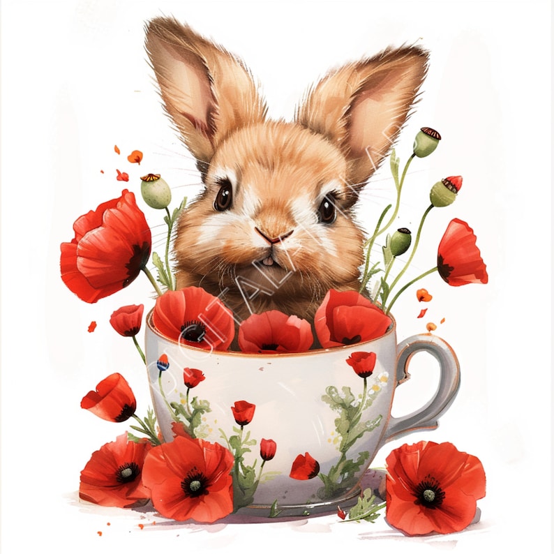 Bunny in Teacup Clipart, Animal Prints, Easter Digital Clipart, Spring ...