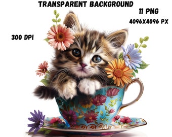 Kitten in Teacup Clipart, Lovely Kitten in Teacup, Animal Prints, Digital ClipArt, Cat Clipart, Nursery Art, Cat Illustration Bundle.