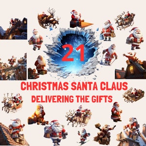 3D Kerst Clipart, Clipart Kerstpakket, Feestelijke Seizoen Clipart, Kerstdecoratie, Kerstman Clipart, Kerstman levert de geschenken