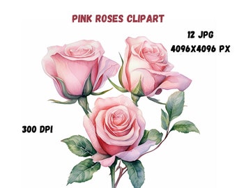 Pink Roses Watercolor Clipart, Printable Wall Art, Valentine's Day, Mother's Day Digital Pink Roses, Wall Floral Decor, Romantic Pink Roses