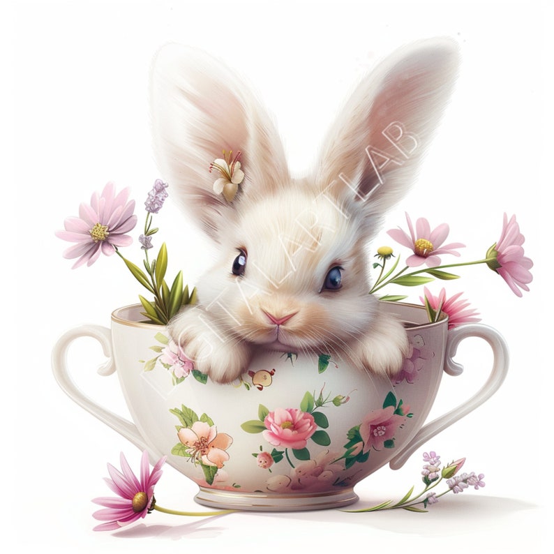 Baby Bunny in Teacup Transparent Background, Animal Prints, Digital ...