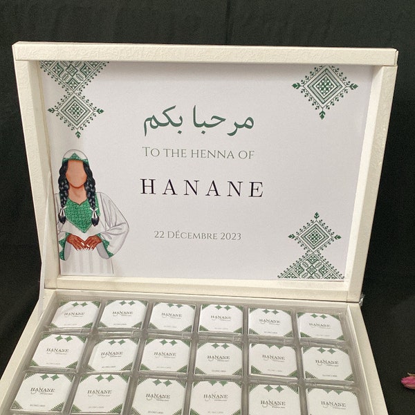 Chocolats personnalisés henna, henna day, henné, cadeau invité, fessi vert or