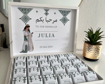 Chocolats personnalisés henna, henna day, henné, cadeau invité, fessi vert or