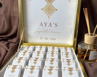 Chocolats personnalisés henna, henna day, henné, cadeau invité, fessi or, vert.