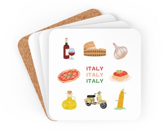 Italy Travel Icons Corkwood Coaster Set