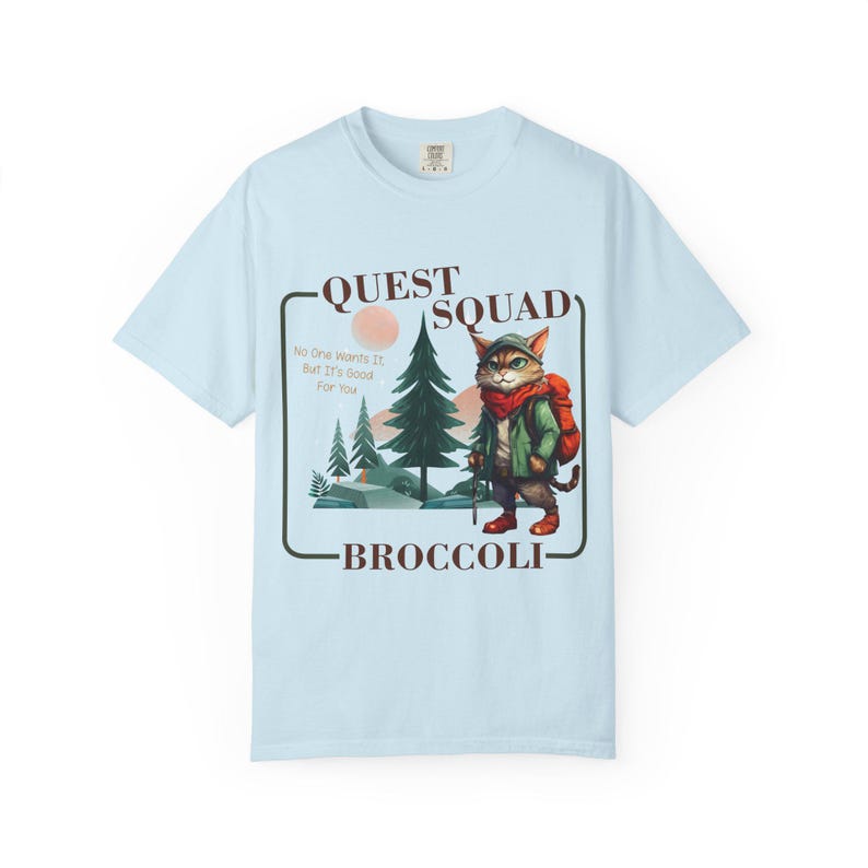 Comfort Colors Onyx Storm Quest Squad Broccoli Cat Shirt | Ridoc Romantasy Fan Dragon Rider Tee Chambray