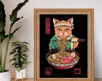 Edo Period Black Cat Ramen Poster | Japanese Kitchen Art