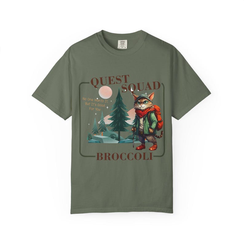 Comfort Colors Onyx Storm Quest Squad Broccoli Cat Shirt | Ridoc Romantasy Fan Dragon Rider Tee Moss