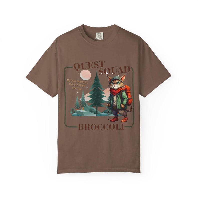 Comfort Colors Onyx Storm Quest Squad Broccoli Cat Shirt | Ridoc Romantasy Fan Dragon Rider Tee Espresso