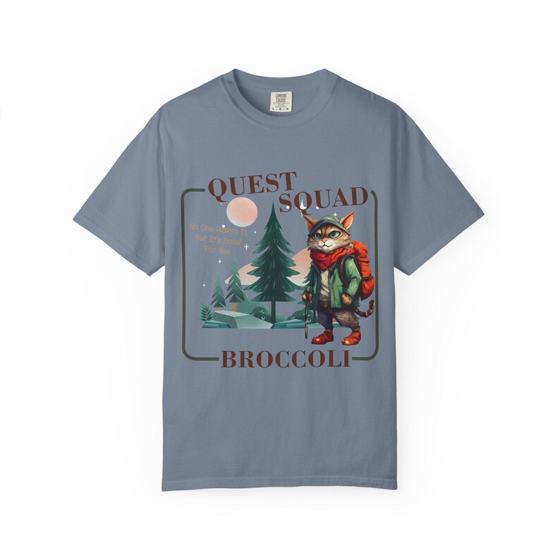 Comfort Colors Onyx Storm Quest Squad Broccoli Cat Shirt | Ridoc Romantasy Fan Dragon Rider Tee Blue Jean