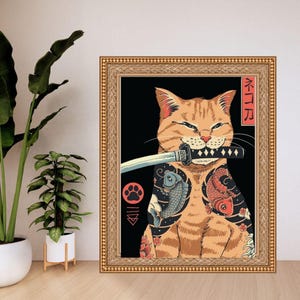 Samurai Cat Poster | Japan Cat Satin Posters