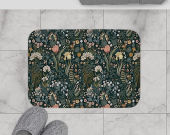 Dark Cottagecore Floral Desk Mat Bath Mat | Vintage Wildflower Botanical Design