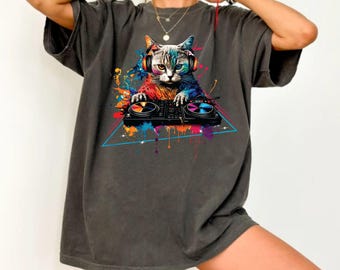 DJ Cat T-Shirt | Funny Kitty Graphic Comfort Colors Tee