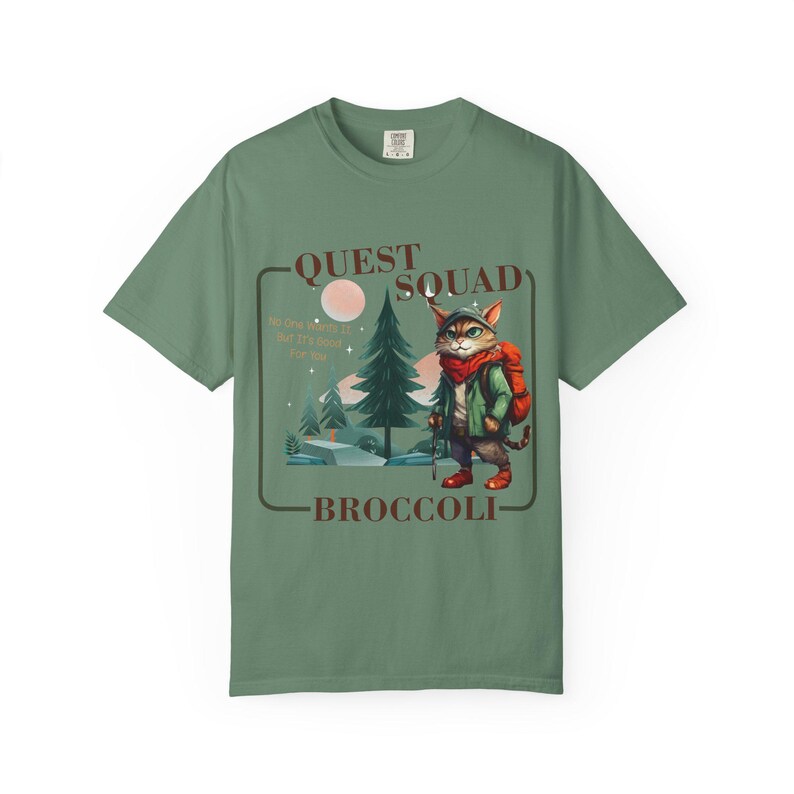 Comfort Colors Onyx Storm Quest Squad Broccoli Cat Shirt | Ridoc Romantasy Fan Dragon Rider Tee Light Green
