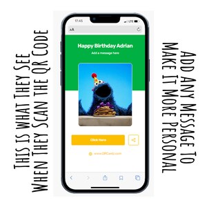Código QR con tarjeta electrónica especial personalizada de cumpleaños del Monstruo de las Galletas incluida ¡GRATIS!