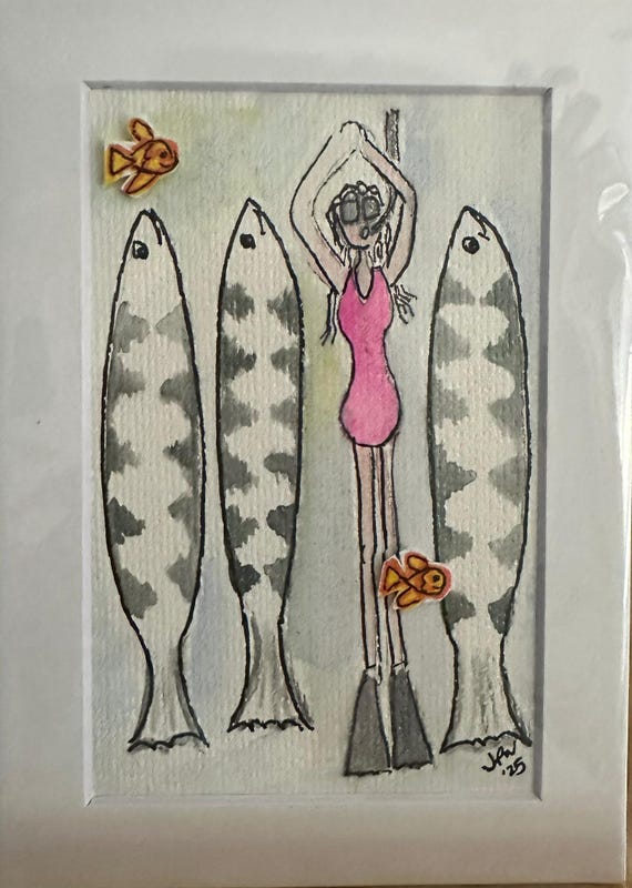 Scuba Girl in Pink with 3 Fish and goldfish