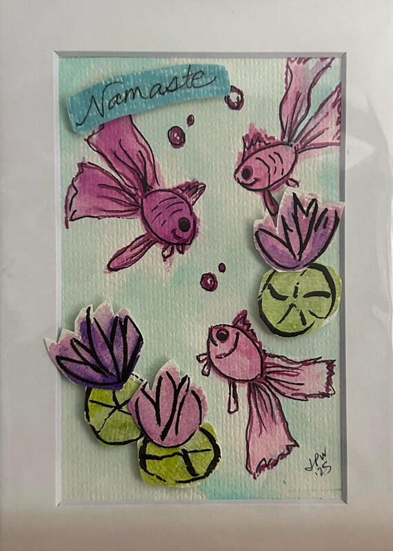 3 Pink Koi with Lotus Flower Namaste