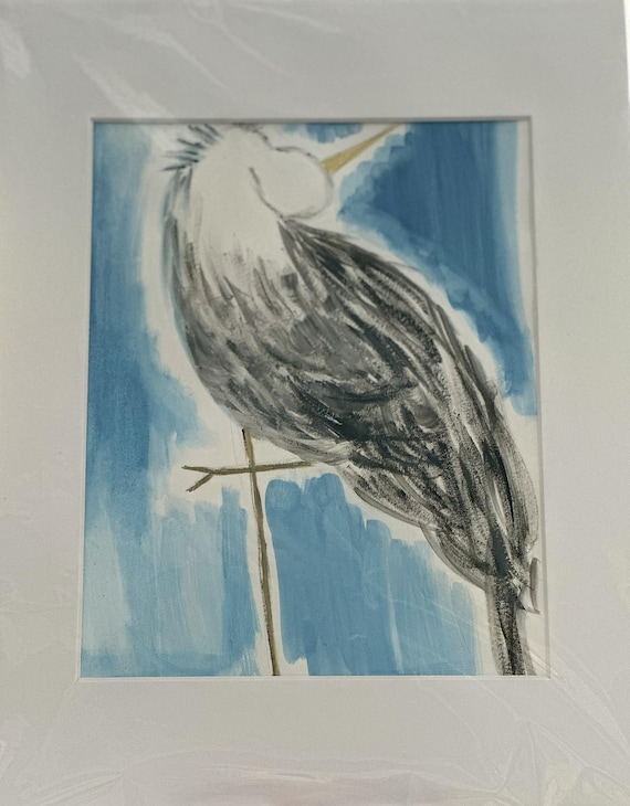 Beautiful Heron in Dark Blue Setting 11 x 14