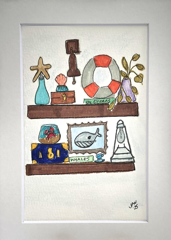 My Shelves - life preserver, whale painting, crab in a bowl oceans and whales books 5 x 7 matted