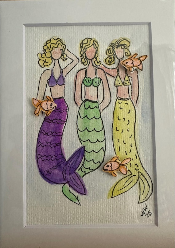 3 Mermaids in Purple, Green & Yellow