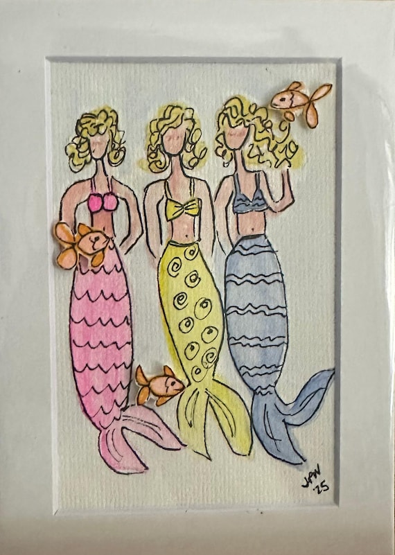 3 Mermaids in Pink, Yellow & Blue
