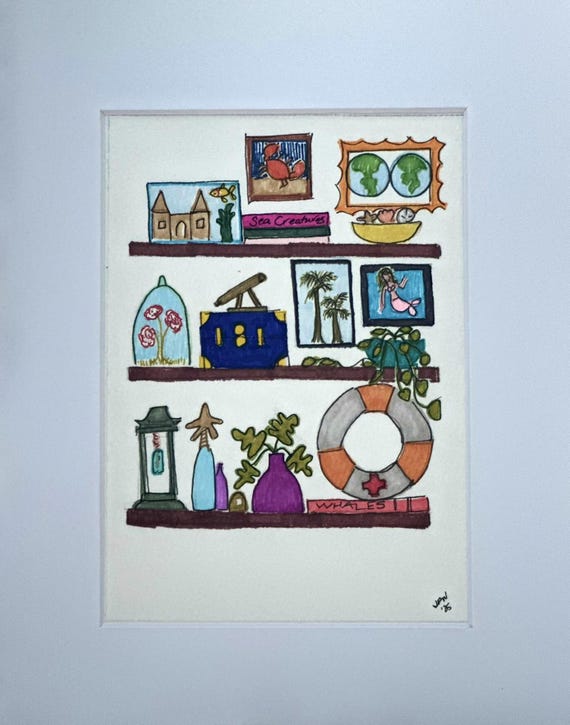 My Shelves - 3 shelves fish tank, crab and earth painting, cloche of flowers and palm and mermaid painting 8 x 10