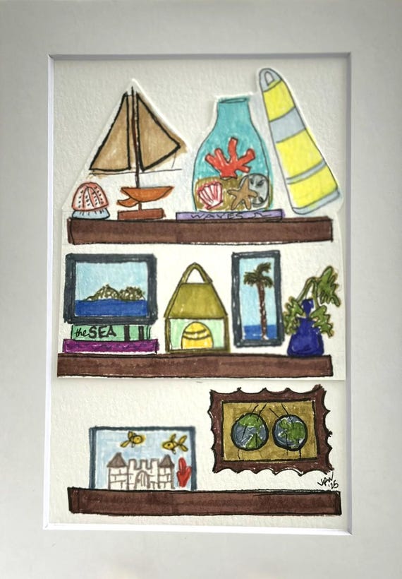 My Shelves - sailboat, buoy, island and palm tree paintings fish tank 5 x 7 matted