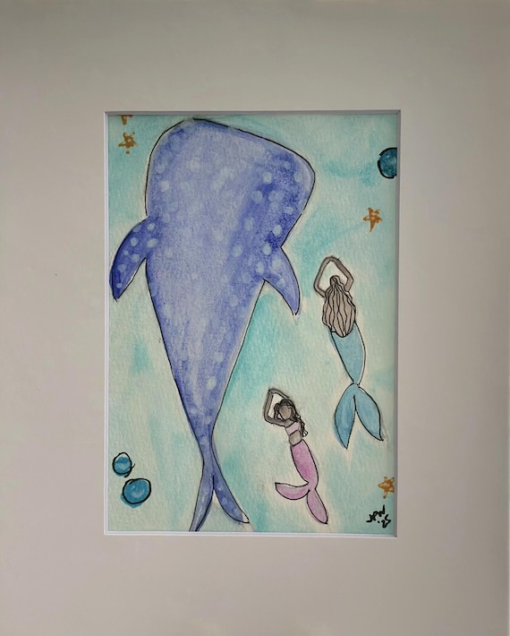 Blue Nurse Shark with 2 mermaids swimming besides it - light blue and pale purple outfits 8 x 10