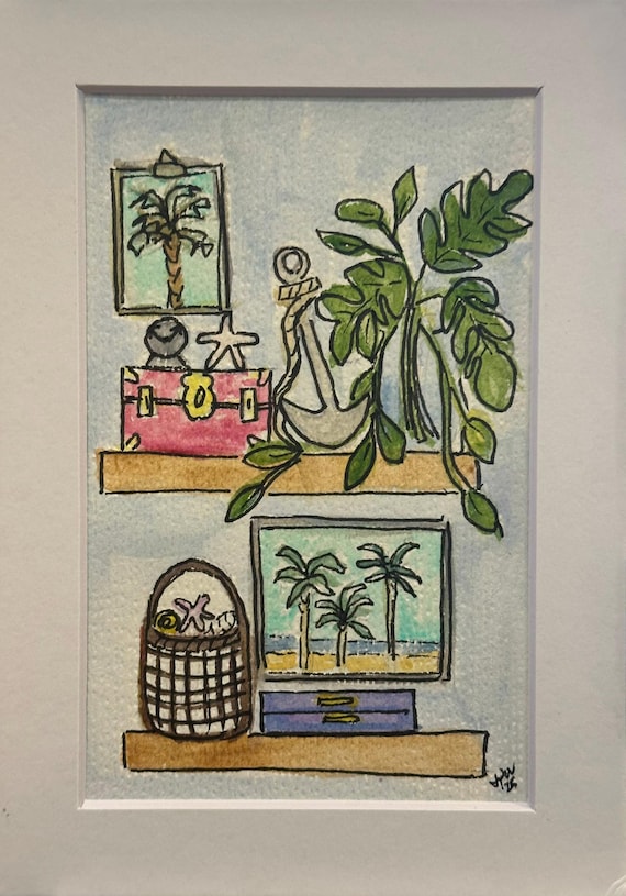 My Seascape Shelves - 2 Palm Paintings, Anchor & Basket of Shells