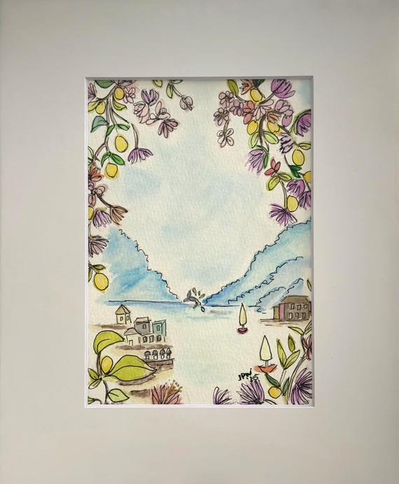 View of a coastal town with 2 sailboats, lemons, flowers and a hint of a mermaid 8 x 10
