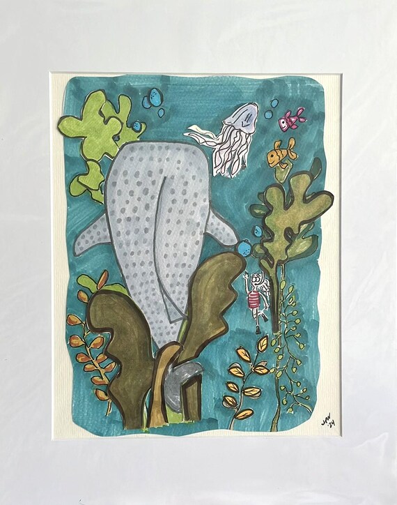 Whale Shark swimming along side a Scuba Girl, amongst cutout seaweed, jelly & goldfish 11 x 14 matted