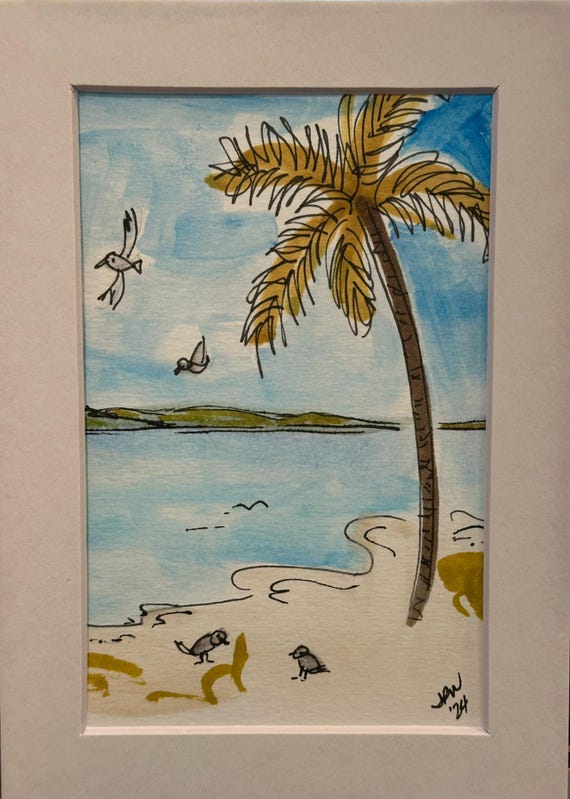 Beach with Palm, shorebirds & hills in BG