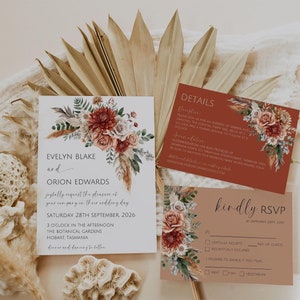 Terracotta Wedding Invitation Template Set, Boho Floral Wedding Invite Suite, Boho QR Code RSVP, Floral Wedding Invite Set Canva, Download