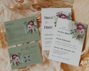 Protea Wedding Invitation Template Set, Sage Green Floral Wedding Invite Suite, Australian Natives, QR Code RSVP, Photo Invite, Download