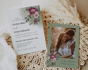 Protea Wedding Invitation Template, Floral Elegant Wedding Invite, Australian Native Floral Wedding Invite, Photo Wedding Invite, Download