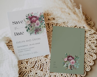 Protea Save the Date Card, Native Floral Save the Date Cards, Eucalyptus Protea Banksia, Sage Green Save the Date Card, Instant Download