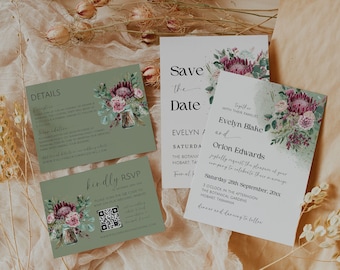 Protea Wedding Invitation Template Set, Sage Green Floral Wedding Invite Suite, Australian Natives, QR Code RSVP, Photo Invite, Download