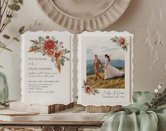Plantilla de invitación de boda de terracota boho, invitación de boda elegante floral, invitación de boda naranja quemada moderna imprimible, descargar