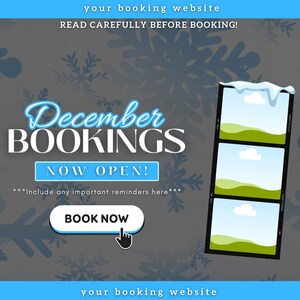 May include: A blue and white graphic with a snowflake background. The text reads "December Bookings Now Open!" with a blue button that says "Book Now".