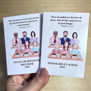 May include: Two white cards with illustrations of people and text. One card reads "How beautiful are the feet of those who declare good news of good things". The other card reads "Qué hermosos son los pies de los que declaran buenas noticias de cosas buenas!". Both cards say Romans 10:15 and 2024.