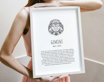 Idea de regalo Signo del zodíaco Cartel Géminis Personalidad Impresión minimalista Amante de la astronomía Regalo Arte de la pared Signo del zodíaco Géminis Cartel digital