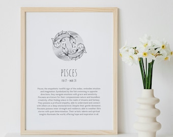 Idea de regalo Signo del zodíaco Cartel Piscis Personalidad Impresión minimalista Amante de la astronomía Regalo Arte de la pared Signo del zodíaco Piscis Cartel digital