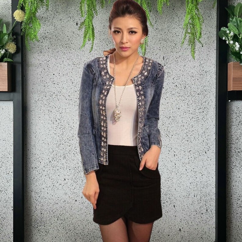 Cropped Retro Denim Jacket With Rhinestone Sequins Casual Lightweight ...