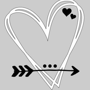May include: A black and white illustration of a heart with an arrow through it. The heart is outlined in white and has two smaller hearts inside. The arrow is black and has three points.