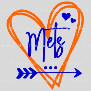 May include: Orange heart with a blue outline and the word "Mets" inside.  There are three small blue hearts at the top of the heart.  A blue arrow with three points is at the bottom of the heart.