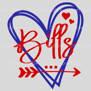 May include: A red heart with a blue outline and the word "Bills" inside. The heart has a red arrow pointing to the right with three red dots above it.