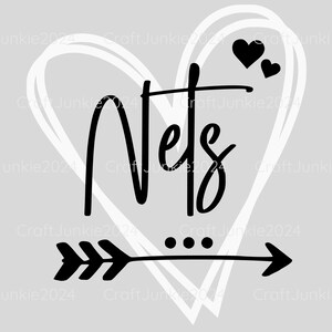 May include: Black and white graphic design with the word "Nots" in a handwritten font inside a white heart with two small hearts above it. A black arrow with three points is below the heart with three dots above it.