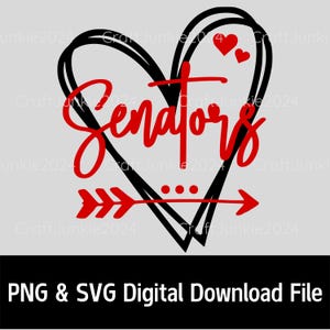 May include: A black outline of a heart with the word "Senators" written in red inside. There are three small red hearts at the top of the heart outline. A red arrow with three points is pointing to the right, with three red dots above the arrow.
