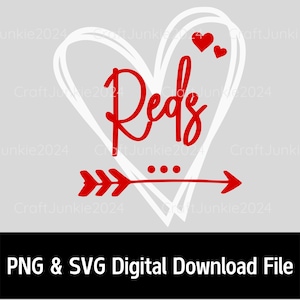 Puede incluir: Diseño gráfico rojo y blanco con la palabra "Reds" en forma de corazón con una flecha apuntando hacia la derecha. El diseño es perfecto para un equipo deportivo o un fan.